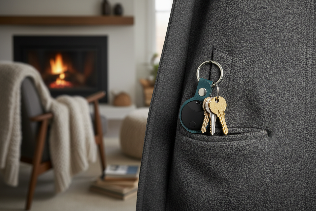 Glotracker round key finder on keychain in suit jacket pocket — compact Bluetooth tracker for keys and valuables